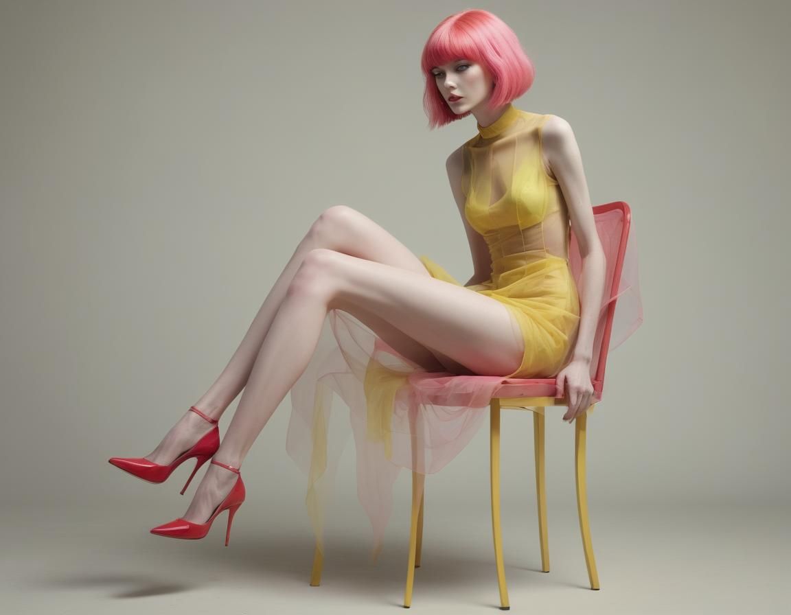 Abstract Pink-Haired Woman in Surreal Setting