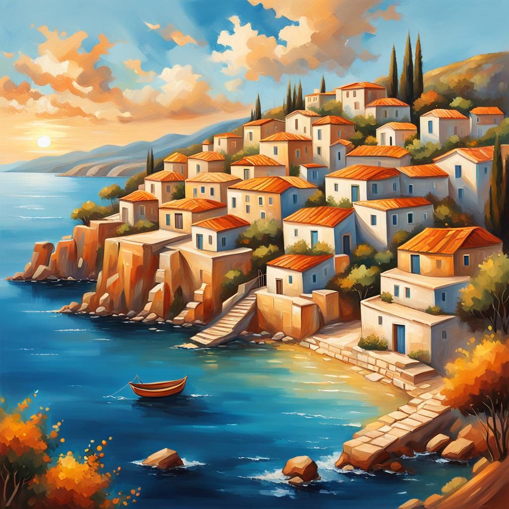 Greek Village Overlooking the Mediterranean Sea as Impasto P...