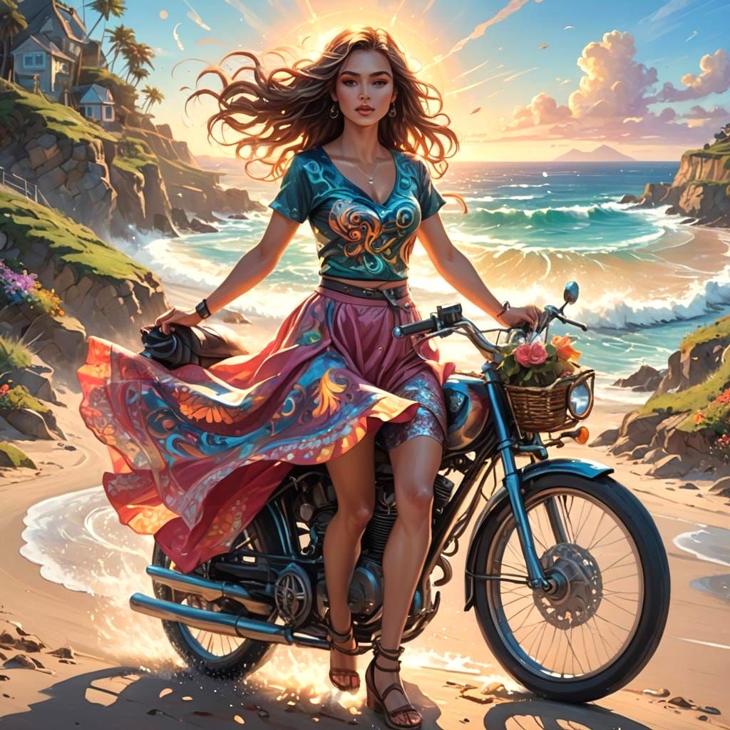 Girl on Beach Road in Detailed Fantasy Art