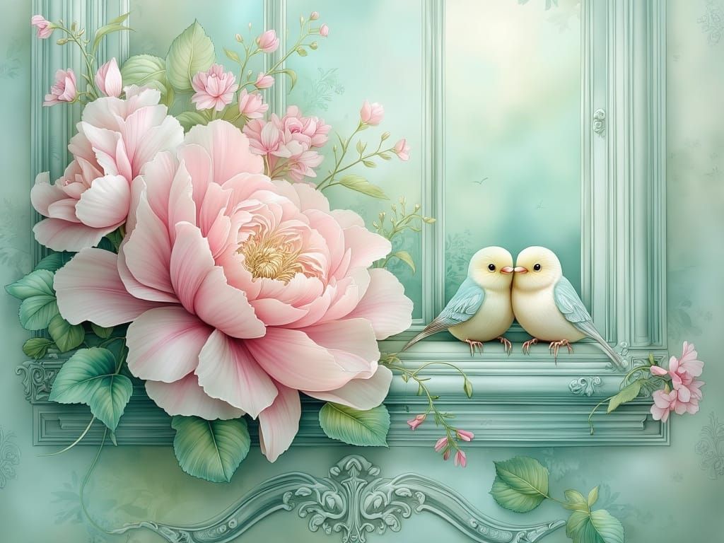 Dreamy Pastel Florals with Cuddling Love Birds