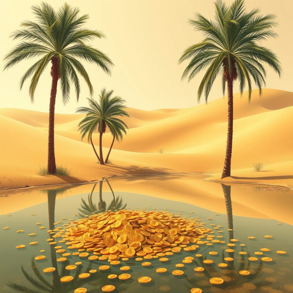 Serene Desert Oasis Teeming with Golden Treasure in the Styl...