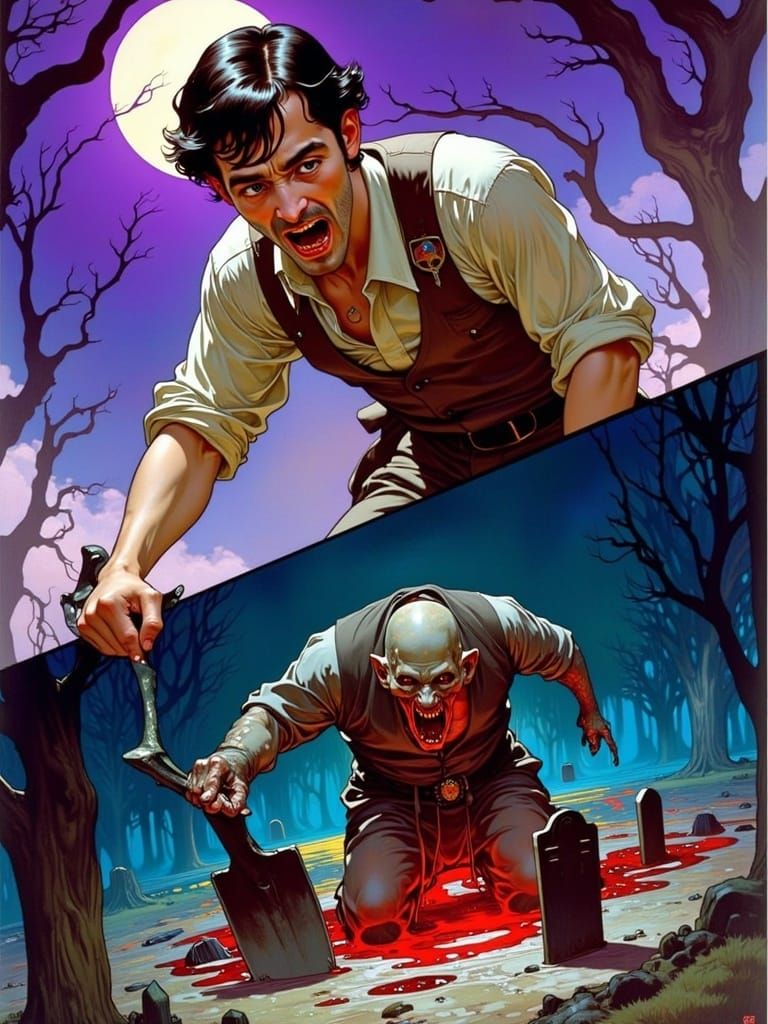 Dramatic Grave Robber Terrorized by Zombie in Dark Art Nouve...