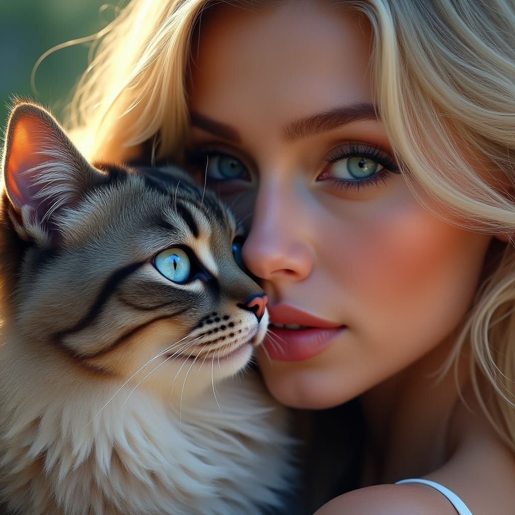 Woman and Persian Cat Portrait with Flawless Makeup