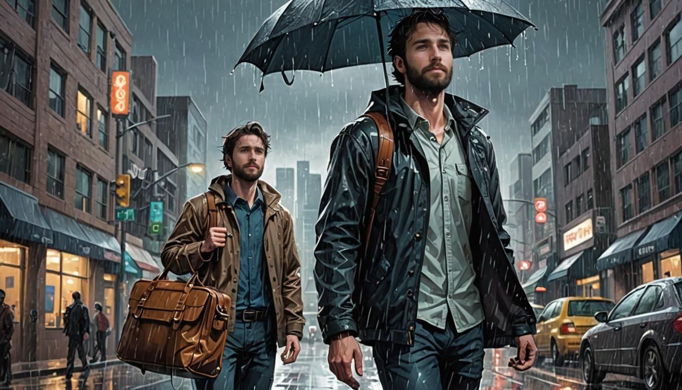 Men in Rainy Comic Book Art Style