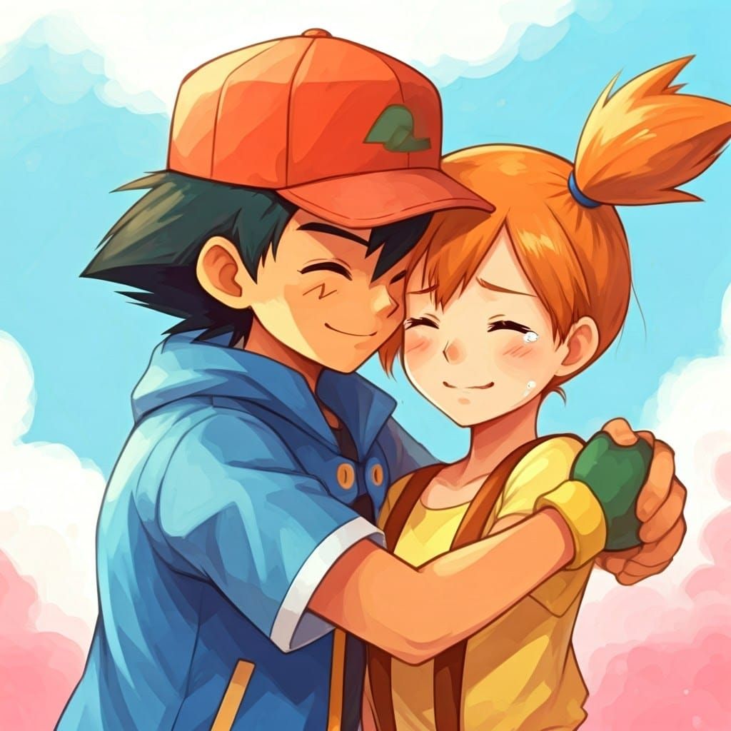 Ash Ketchum Comforts Misty with a Warm Hug, Radiating Joy an...