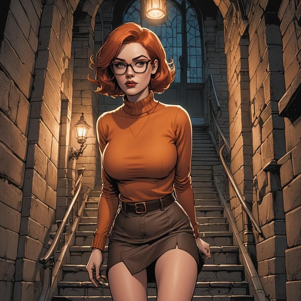 Comic Book Style Woman Exploring Haunted Castle