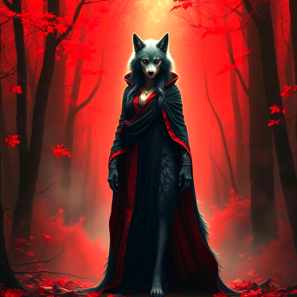 Fantastical Half-Woman-Half-Wolf in Deep Colorful Fantasy Ar...