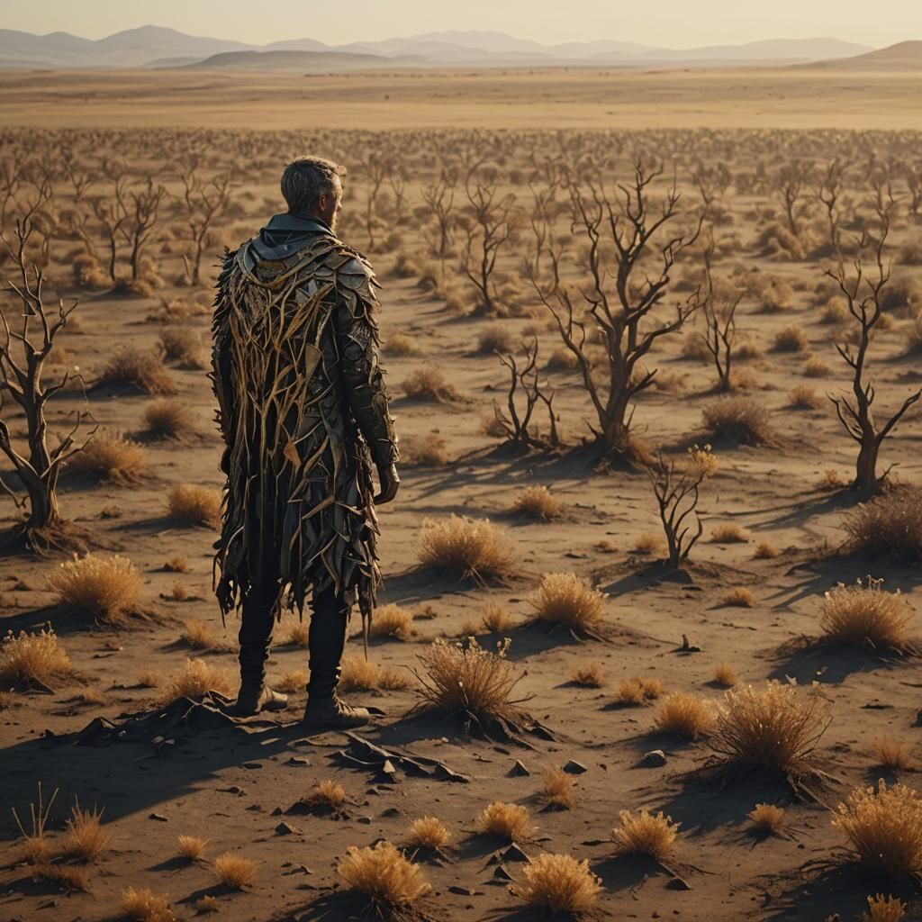 Lonely Figure in Desolate Field: Hyperrealistic Film Still