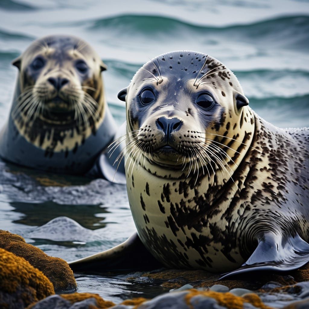 Seals Gathered on Rocky Coastline