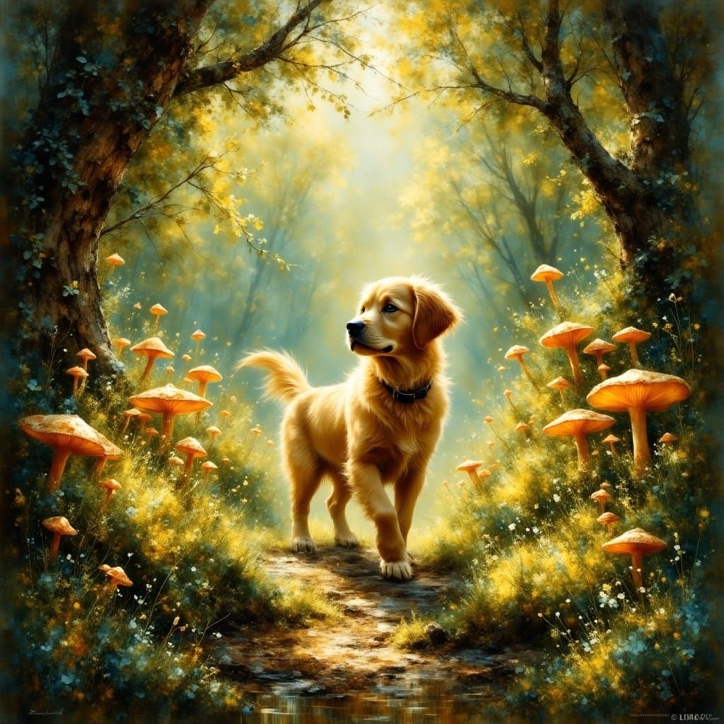 Golden Retriever Puppy Explores Enchanted Grove with Glowing...