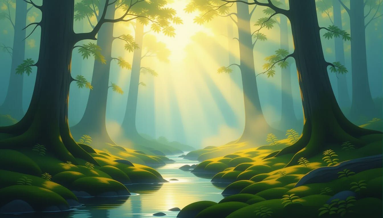 Ethereal Forest Landscape Painting with Dreamlike Light