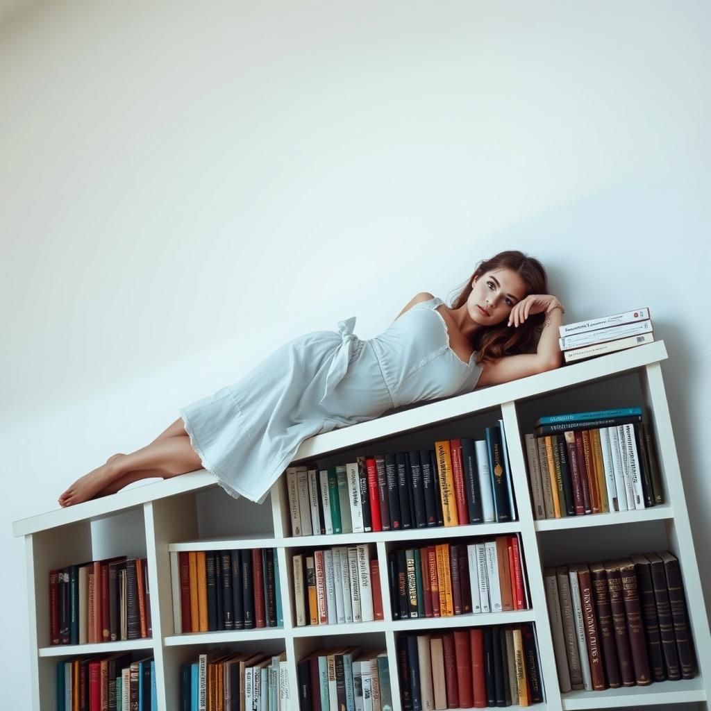 Surreal Girl Posing on Bookshelf