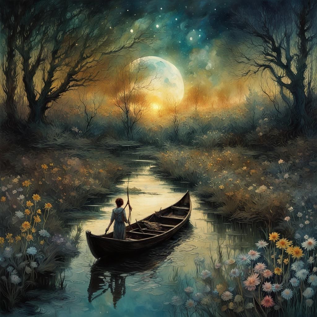 "A stunning landscape, double exposure, mythological, dark eclipse, celestial dramatic event, swampy river, wildflowers,...