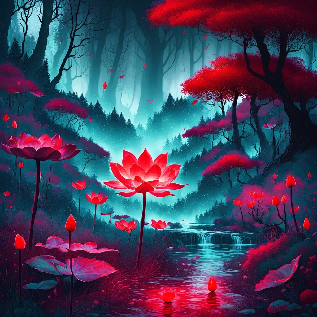 Glowing Red Lotus in Purple Forest: Inkwash Painting