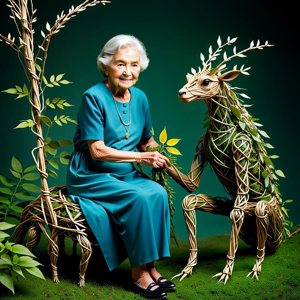 Woman and Creature of Twigs and Leaves