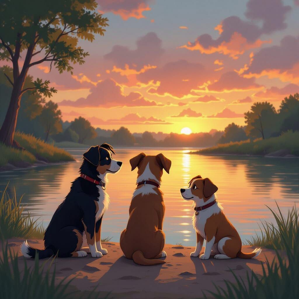 Dogs' Final Farewell by the River at Sunset