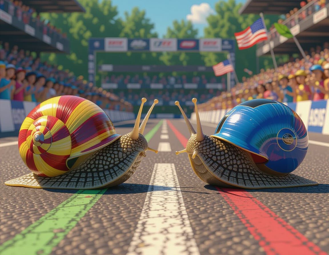 Snail Drag Race in Pixar Cartoon Style