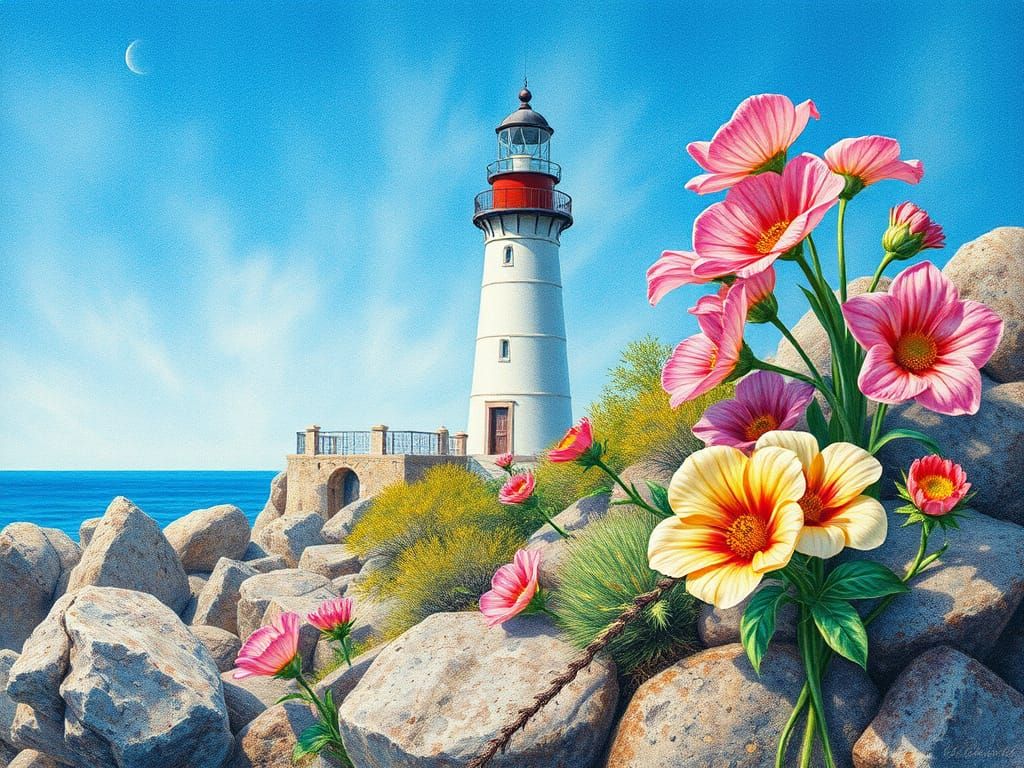Hyperrealistic Drawing of Lighthouse and Flowers Among Fresh...