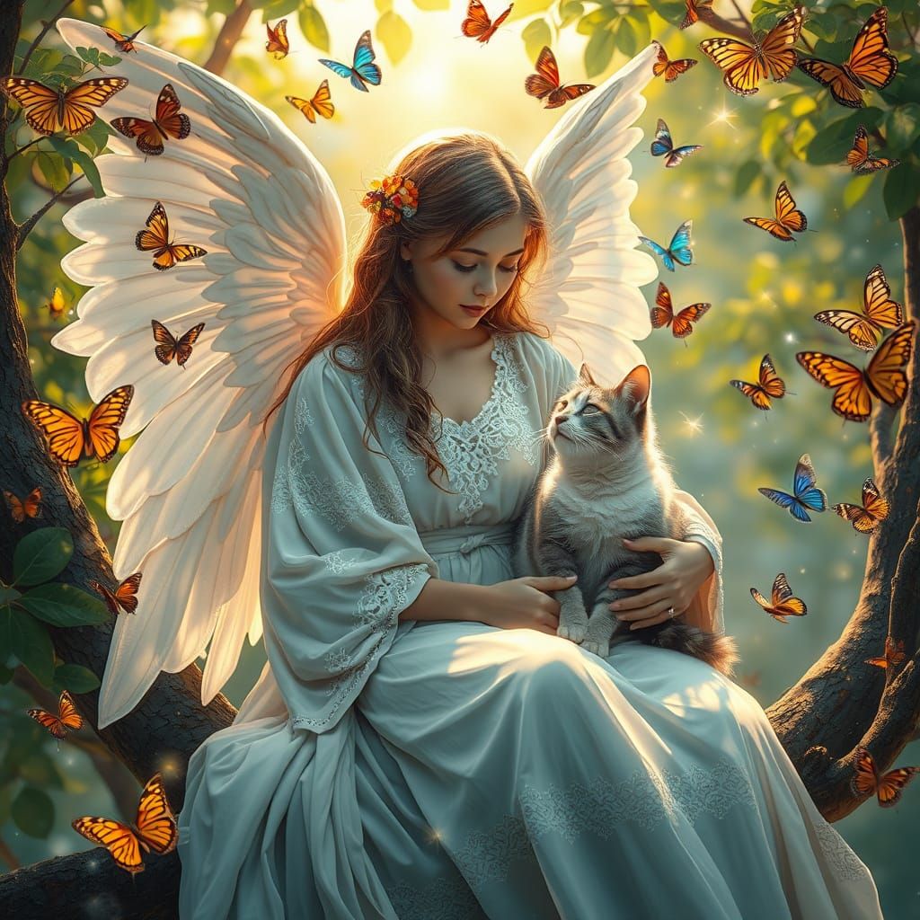 Serene Angel Surrounded by Whimsical Magic in a Dreamlike La...