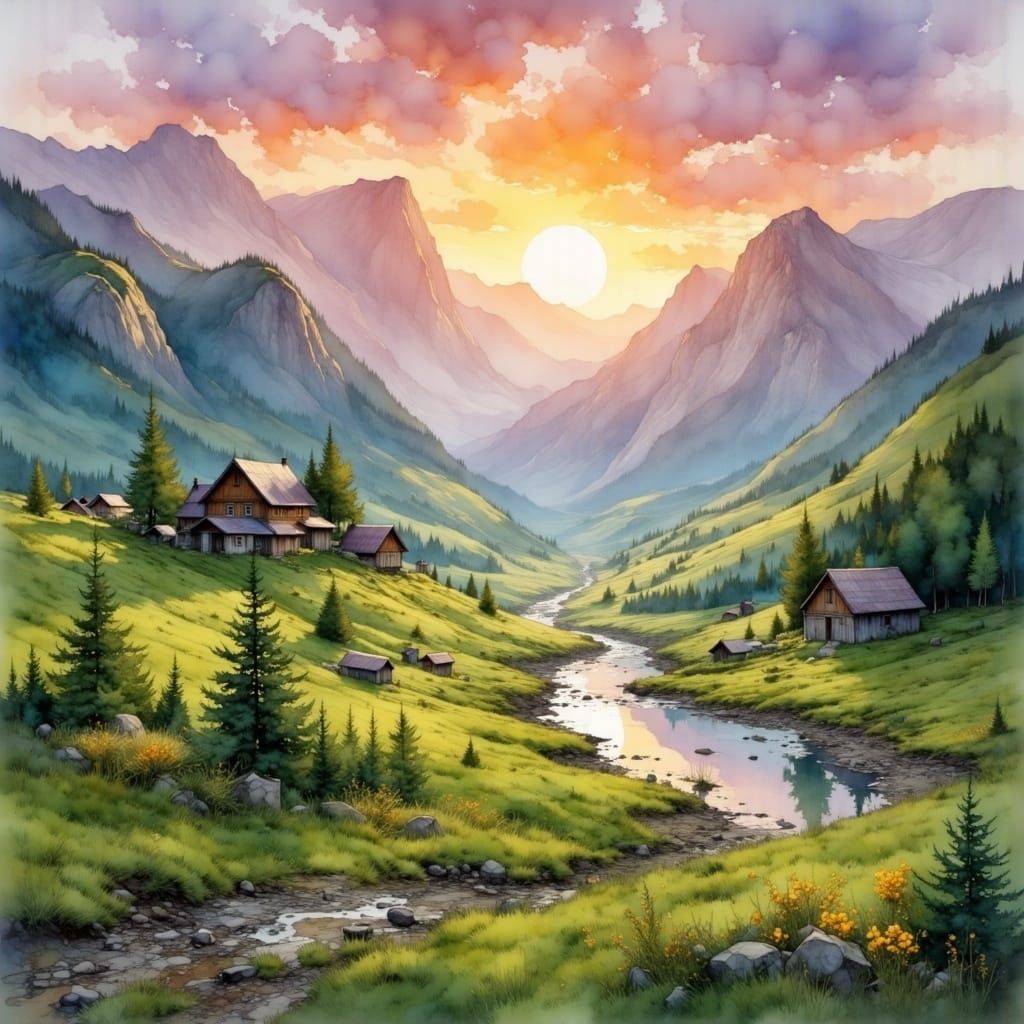 Norwegian Misty Morning Valley in Oil-Painted Style