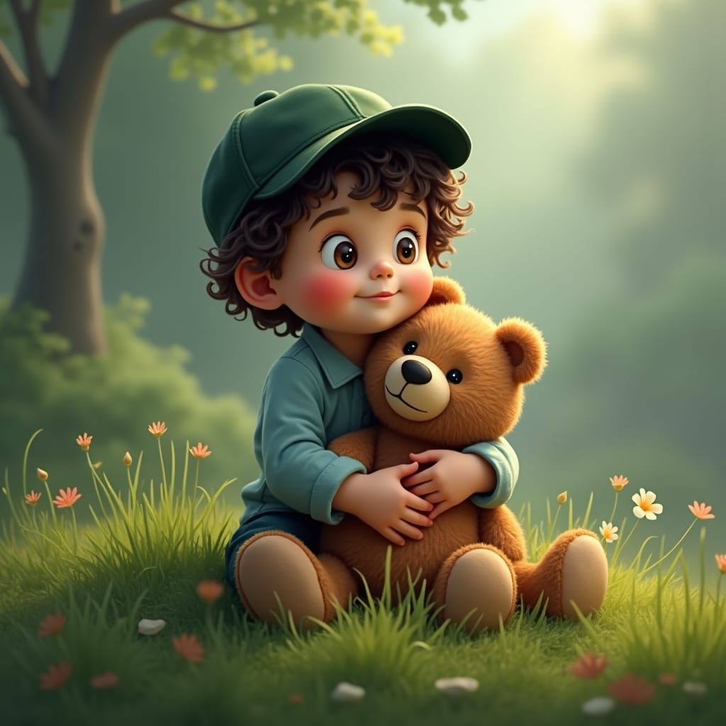 Cherubic Boy with Teddy Bear on Grassy Knoll