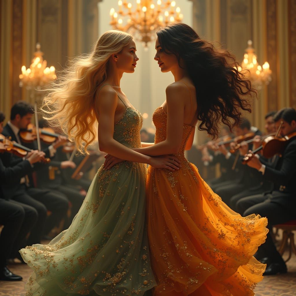 Glamorous Women Dancing with Orchestra in Elegant Evening Go...