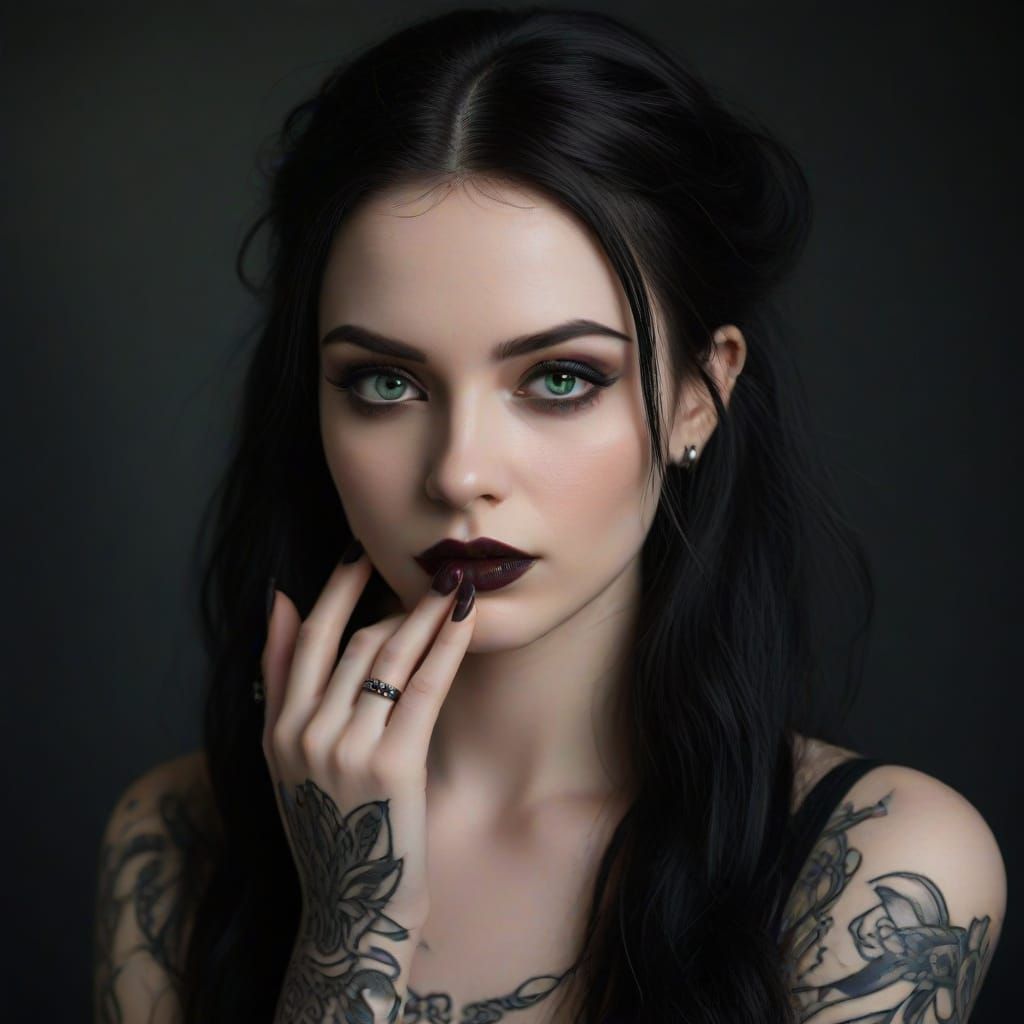 Gothic Woman Portrait with Green Eyes and Tattoo Sleeve
