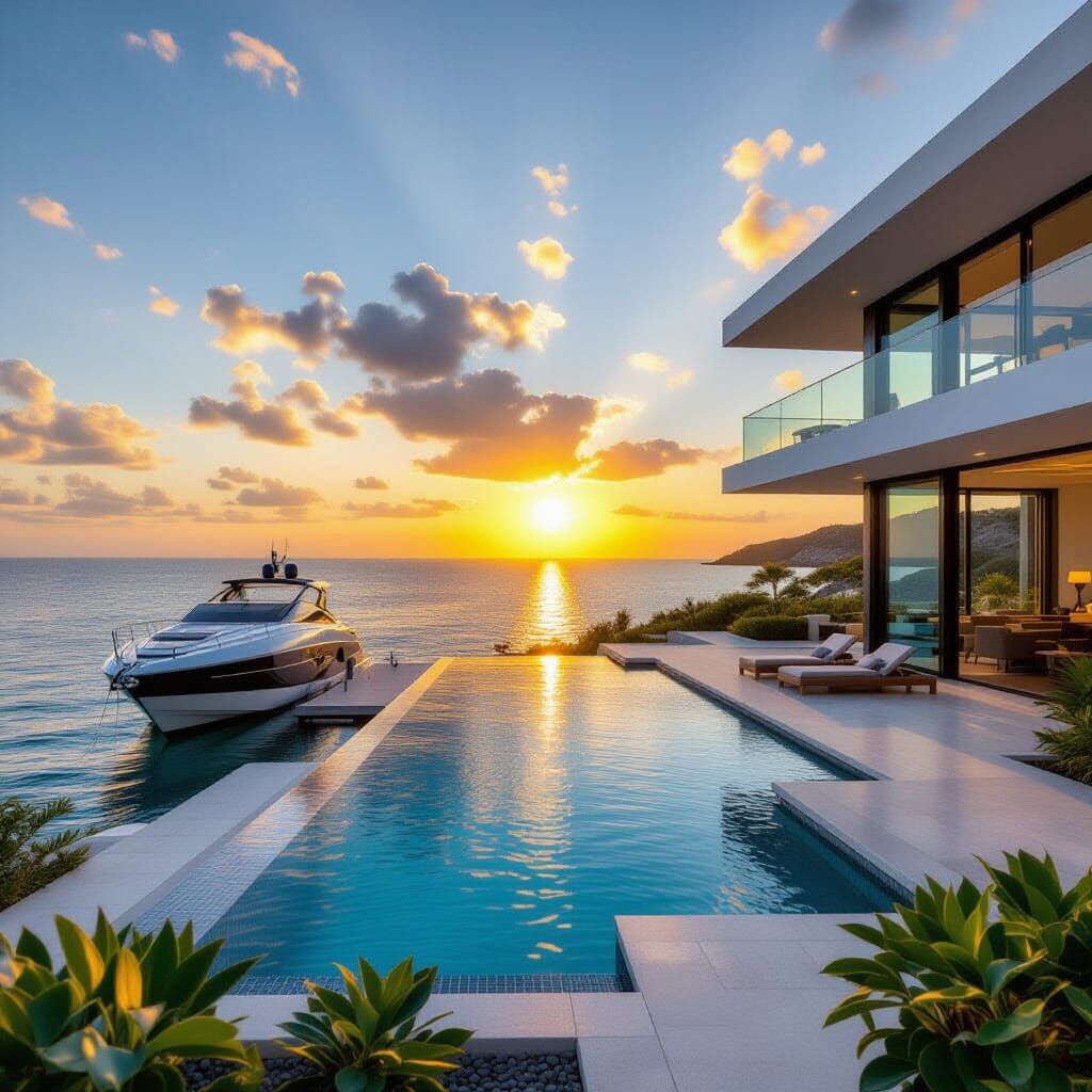 Luxurious Island Villa with Yacht at Sunset