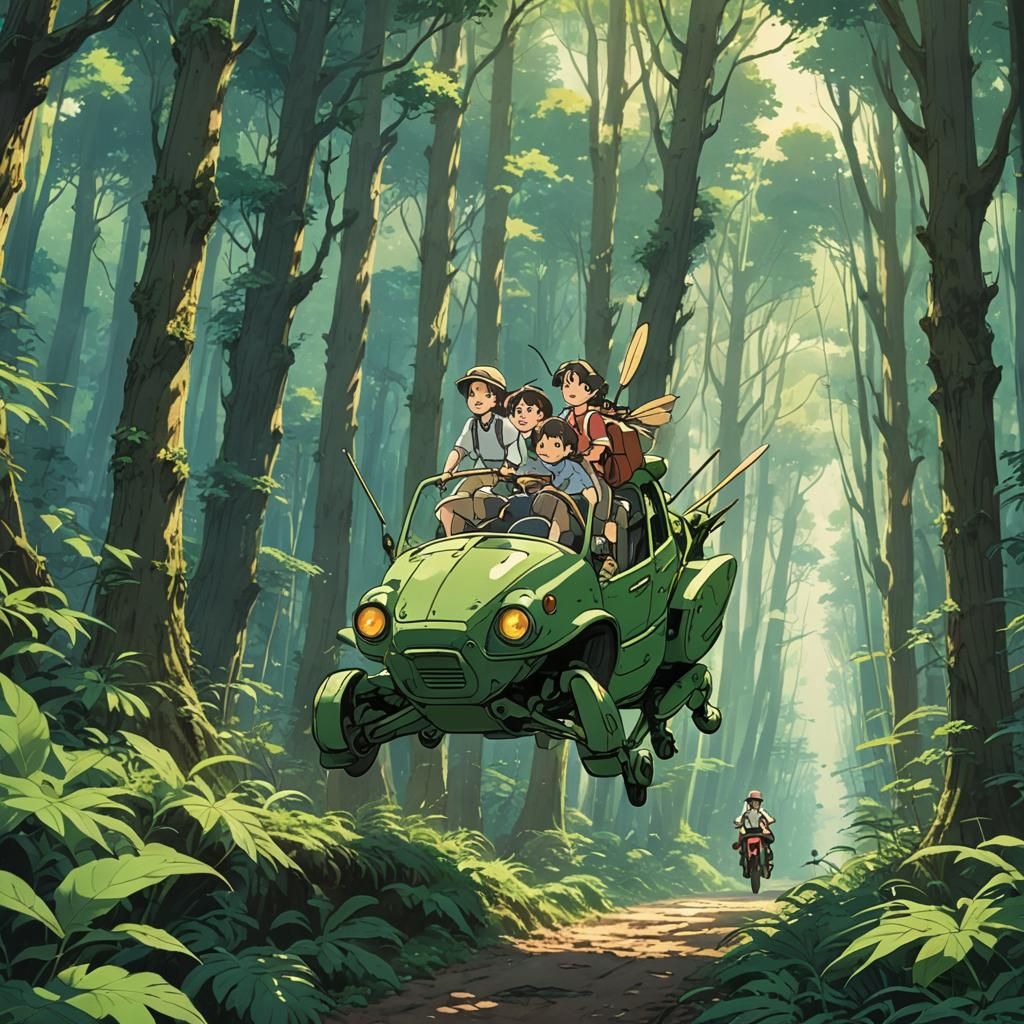 People Riding Grasshopper in Forest: Ghibli Anime