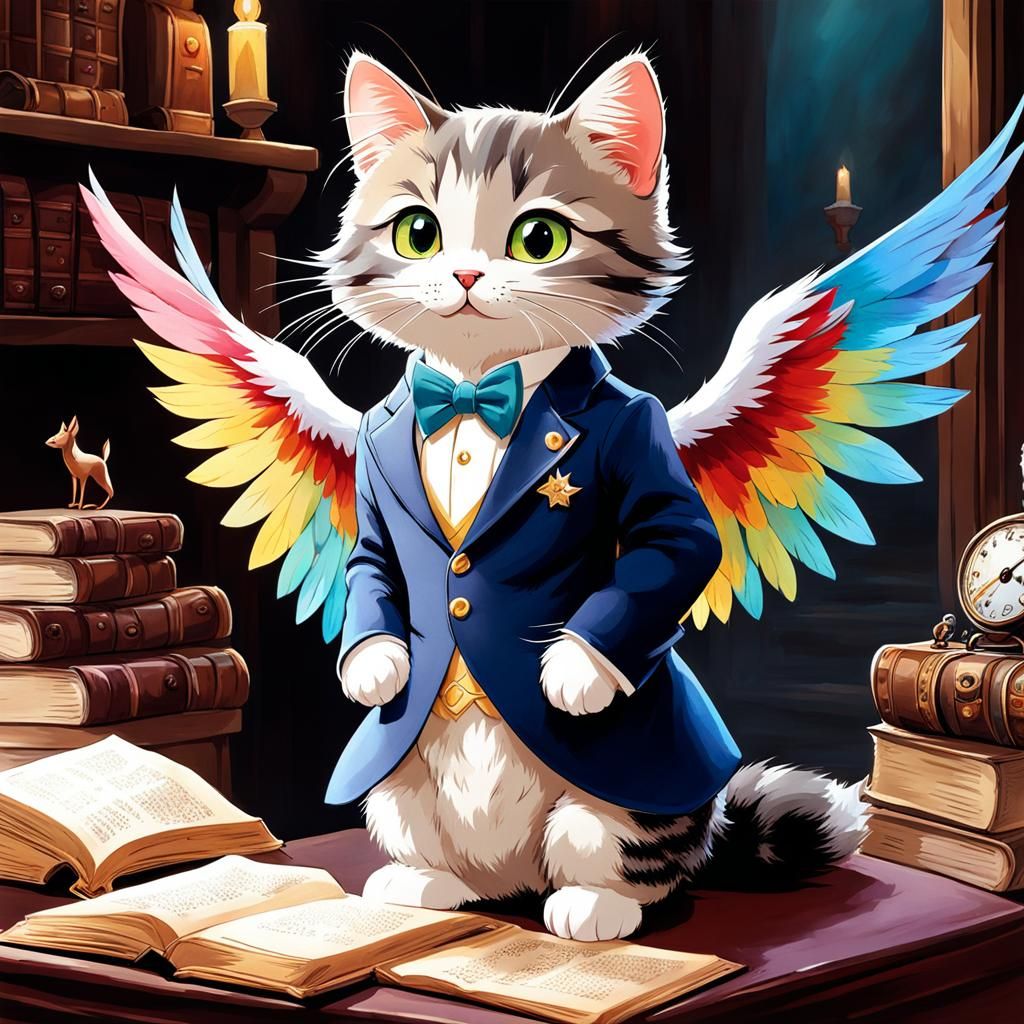 Cat Maid with Wings in Anime Watercolor Style