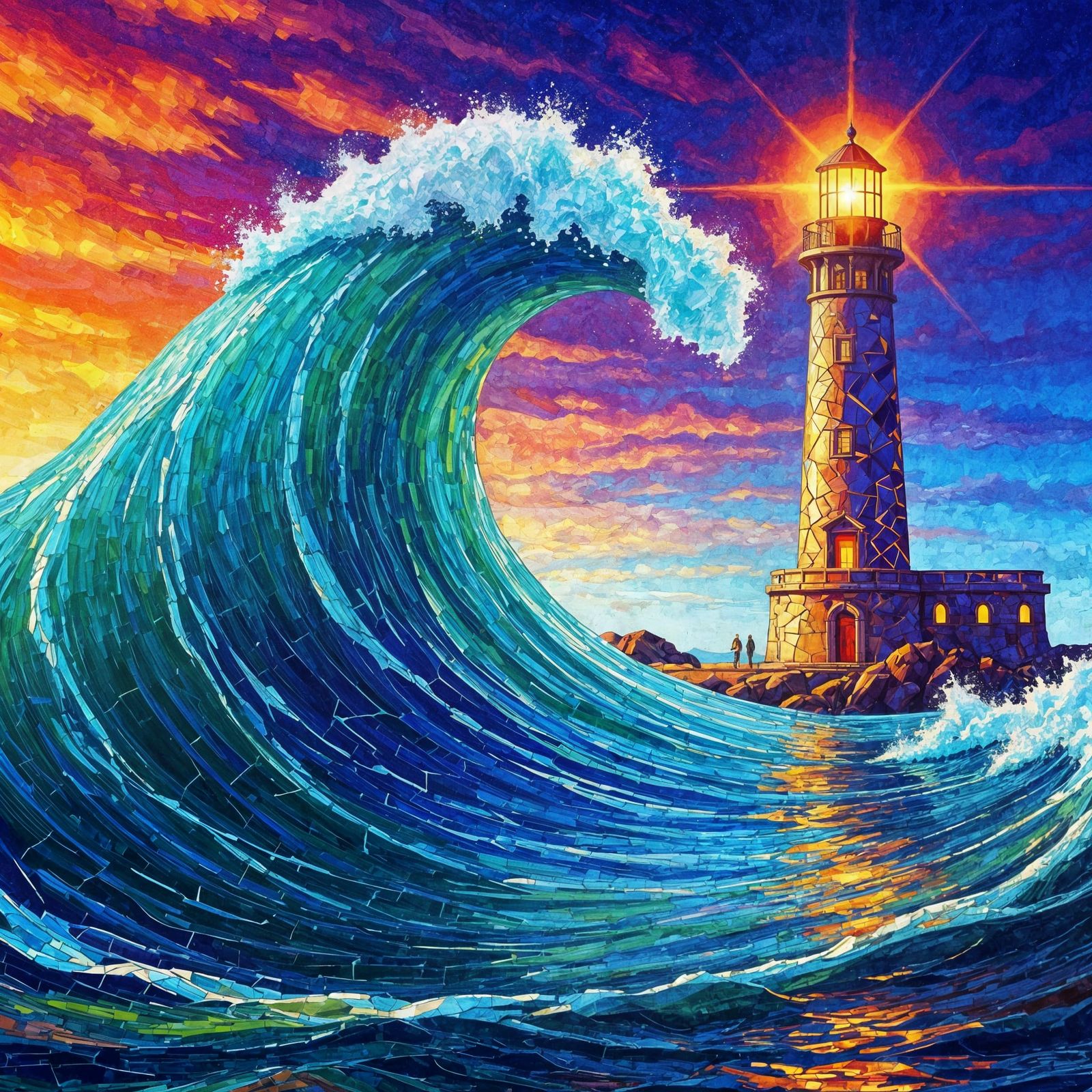 Surreal Mosaic Lighthouse Battling a Vibrant Ocean Wave