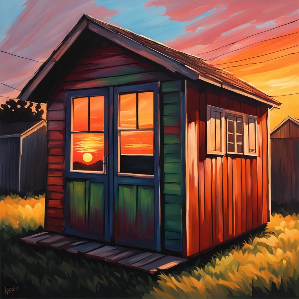 Shed at Sunset: Purism Style Painting