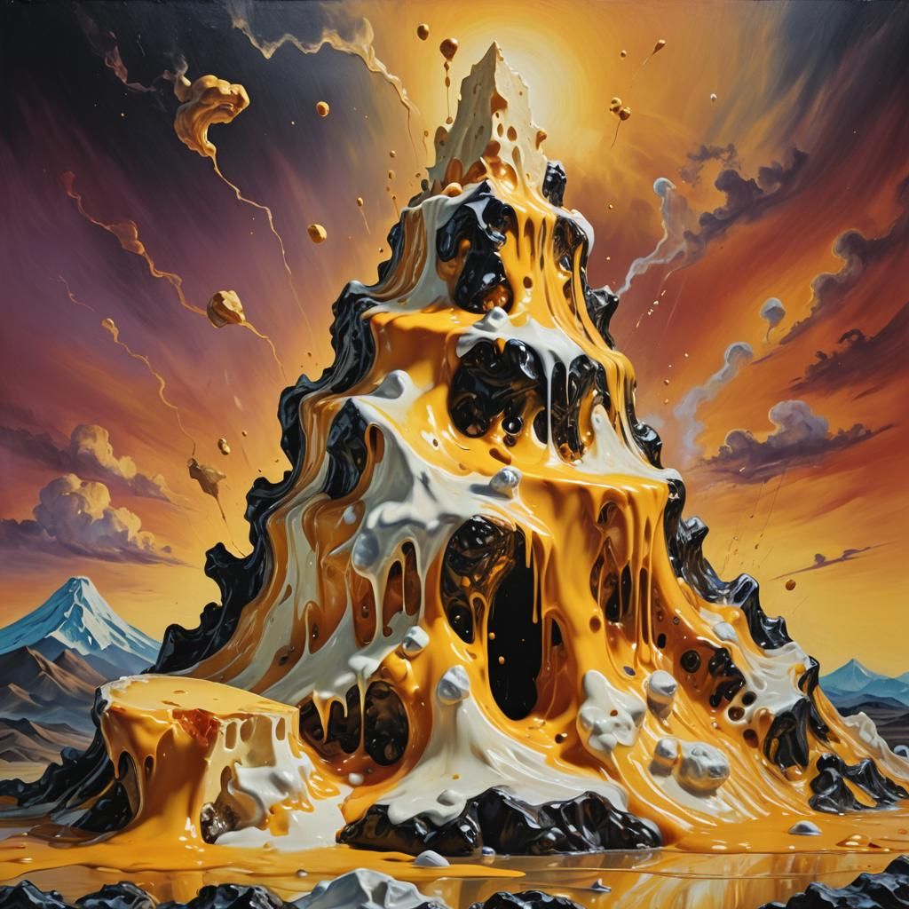 Cheese Volcano Erupting in Surrealist Oil Painting