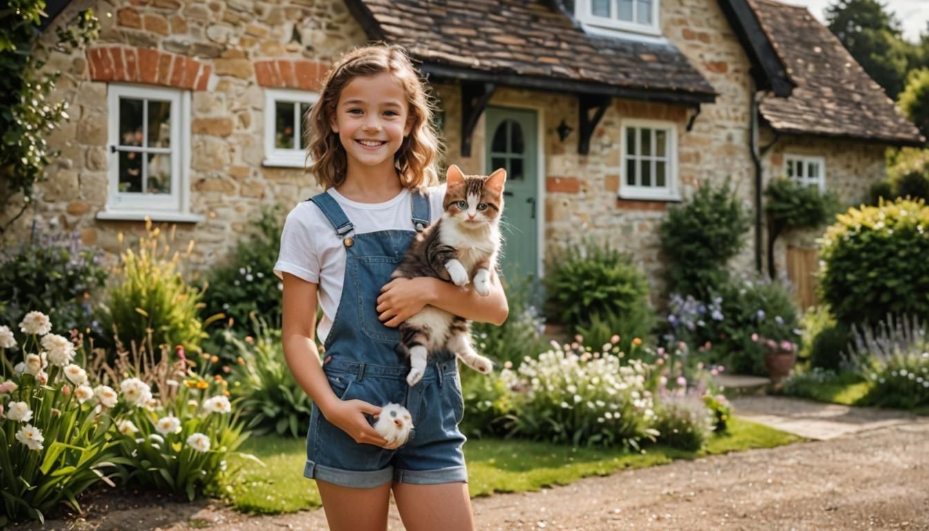 Cute Girl with Kitten in Quaint Cottage Photo