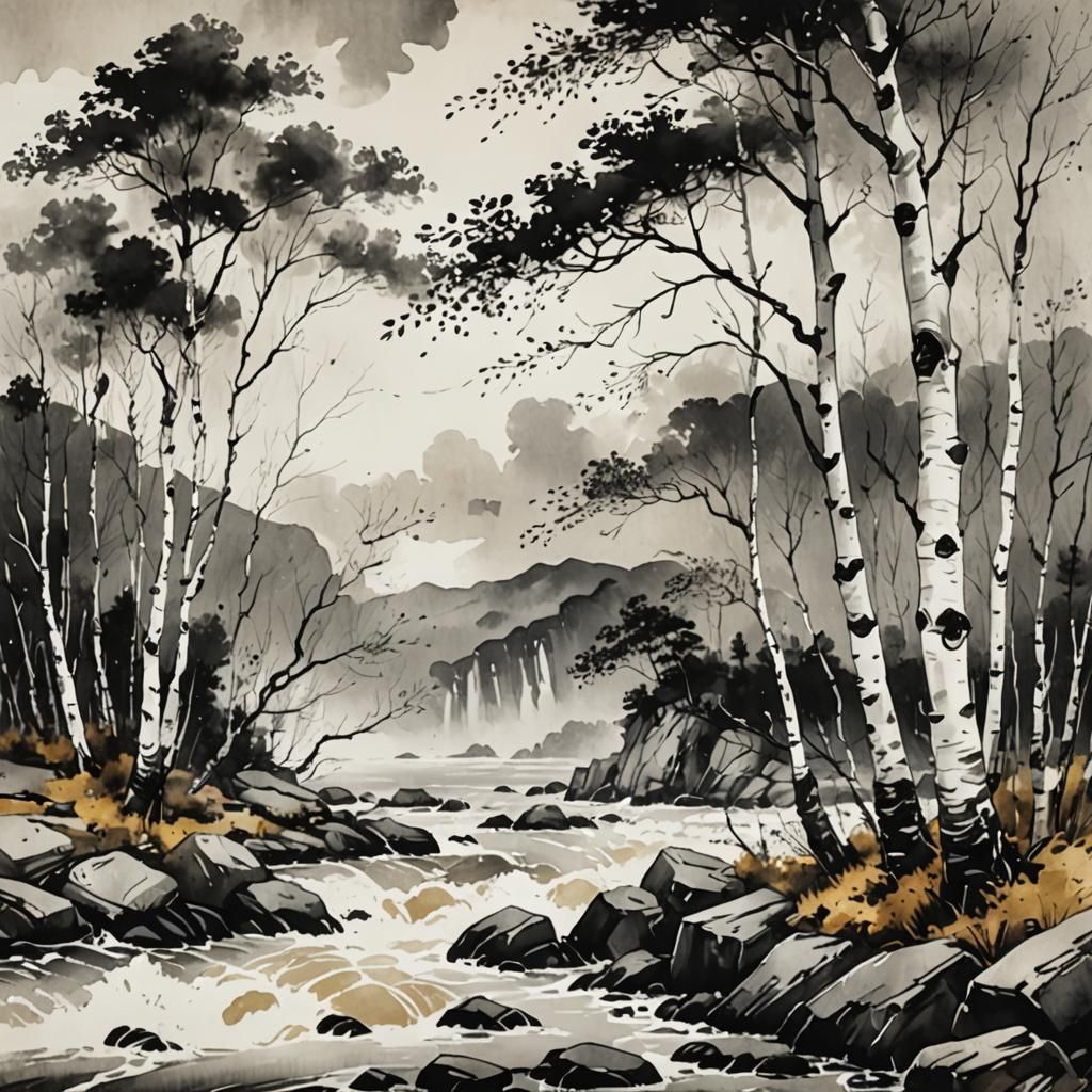 Birches Bowing: Ink Painting of Stormy Beach