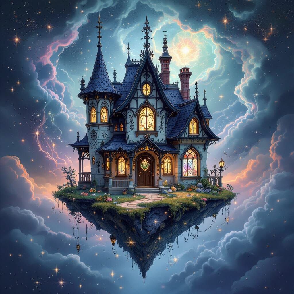 Gothic Dollhouse in Cosmic Storm, Dreamlike Illustration