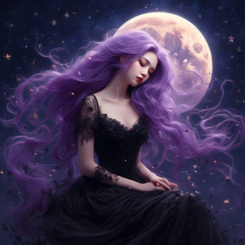 Elegant Gothic Woman with Lavender Hair Under Moonlight