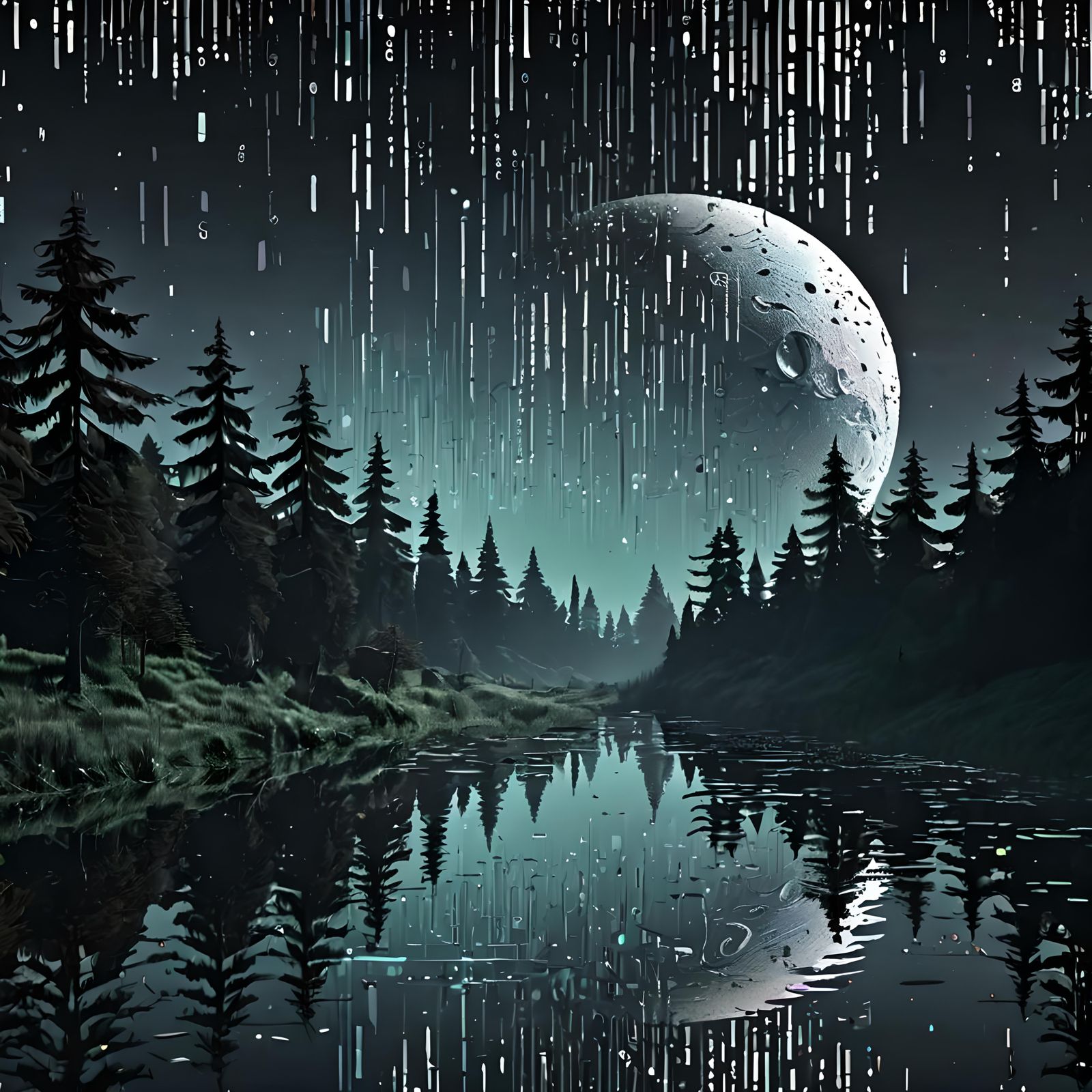 Glitched Binary Landscape with Fragmented Moon