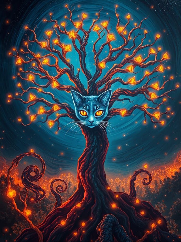 Cosmic Tree with Cat Face in Mystical Landscape