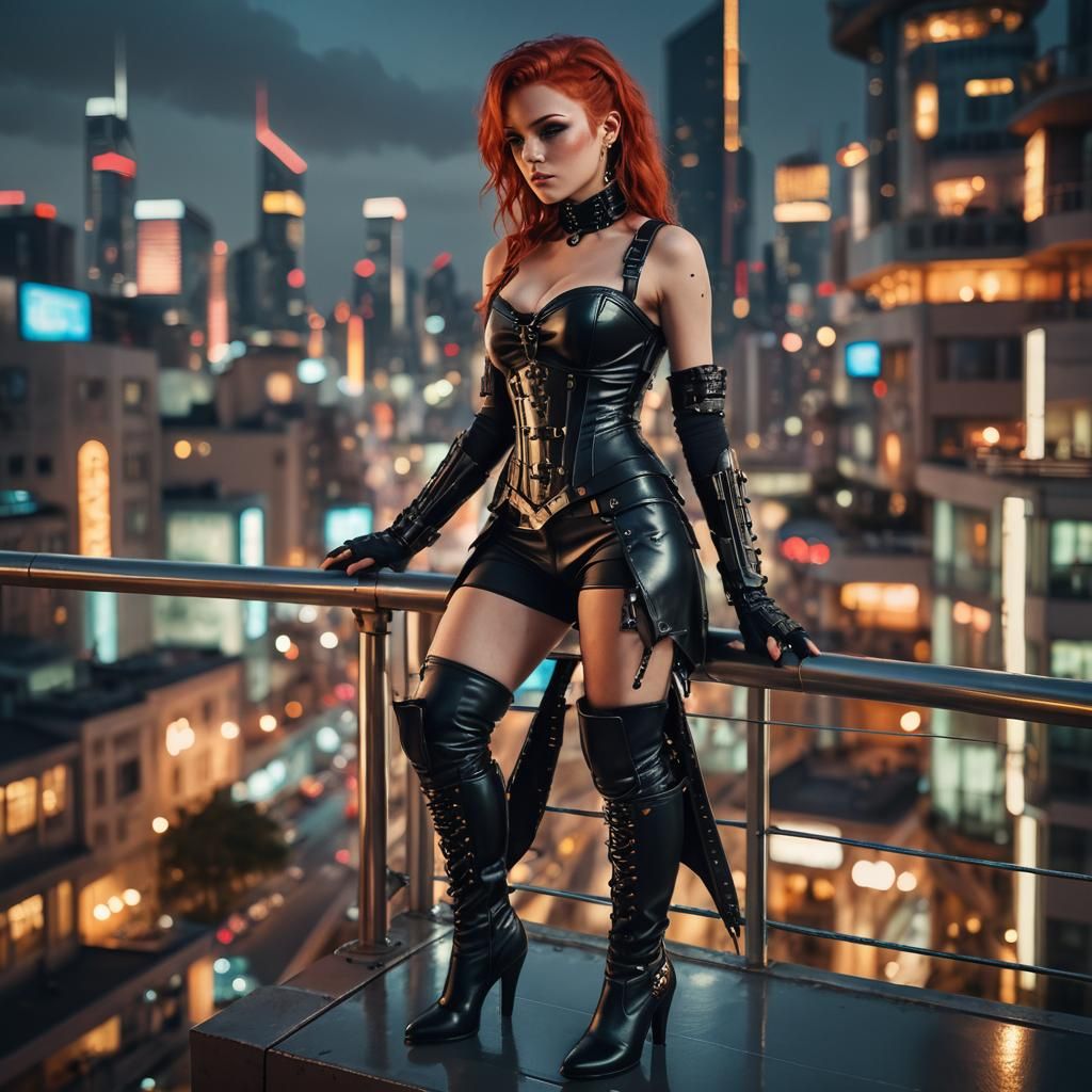 Cyberpunk Portrait of Red-Haired Woman on Balcony