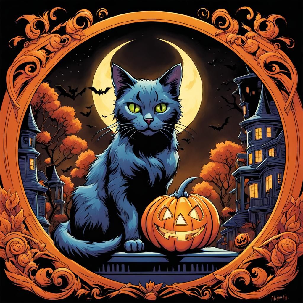 Halloween Cat in Comic Book Style