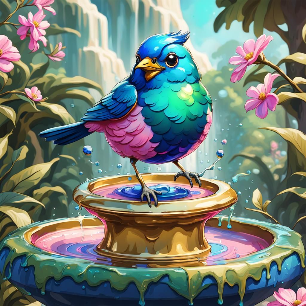 Colorful Bird Singing in Opal Bird Bath: Graffiti Art