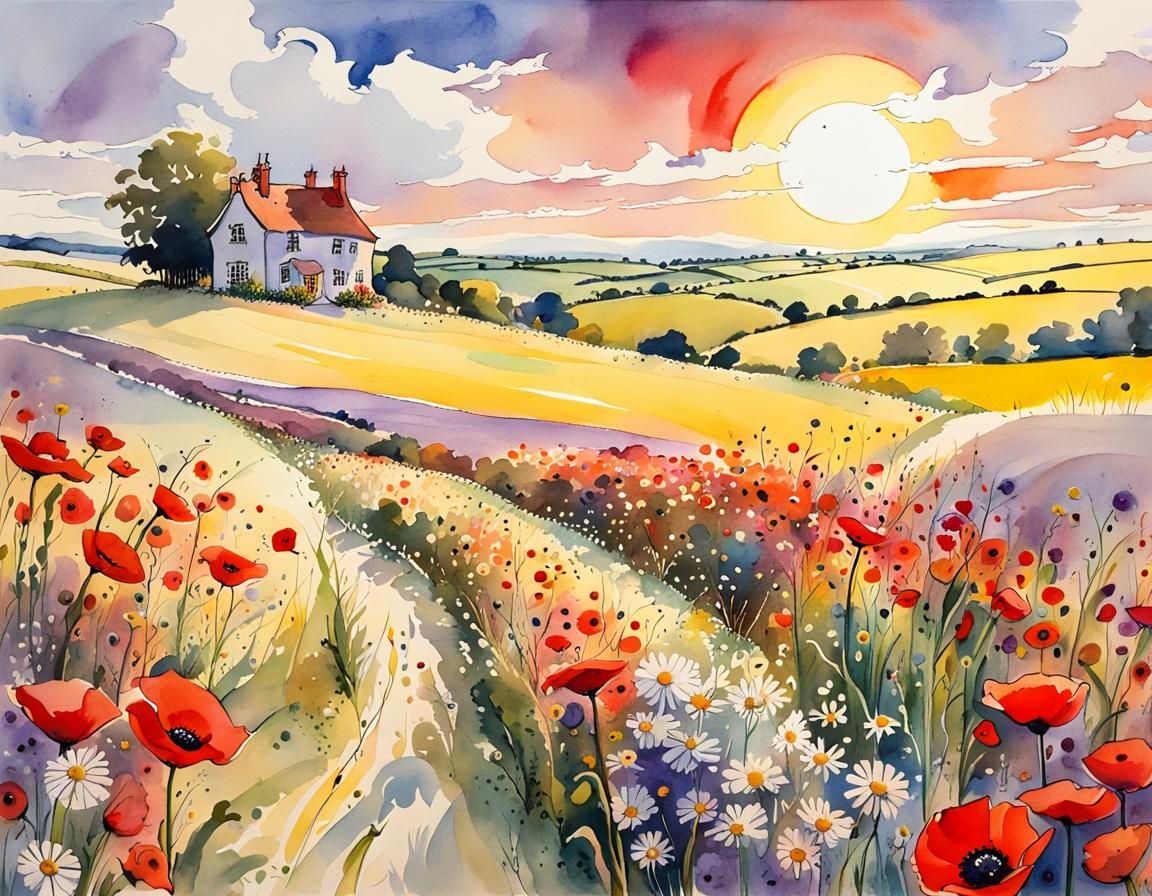 Whimsical Country Houses with Poppies in Watercolor Style