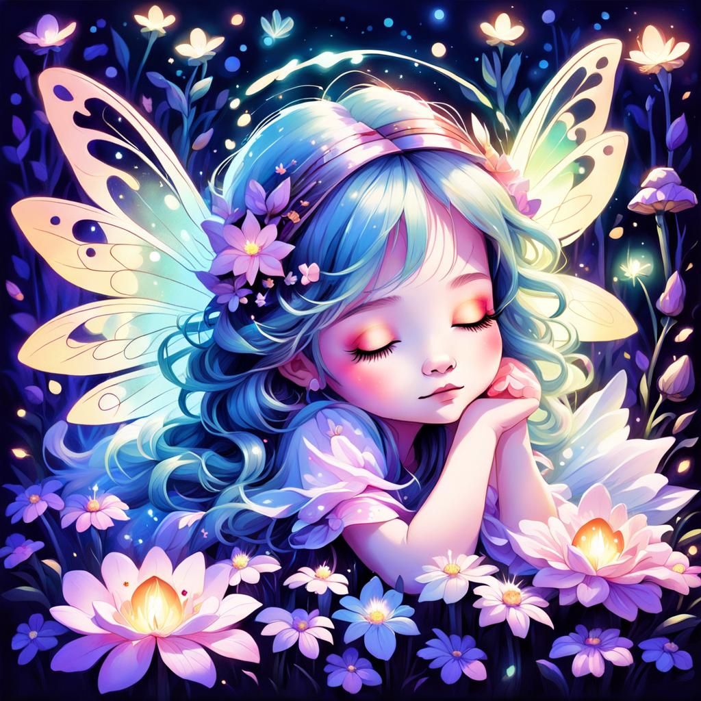 Sleeping Fairy with Fireflies in Cartoon Style