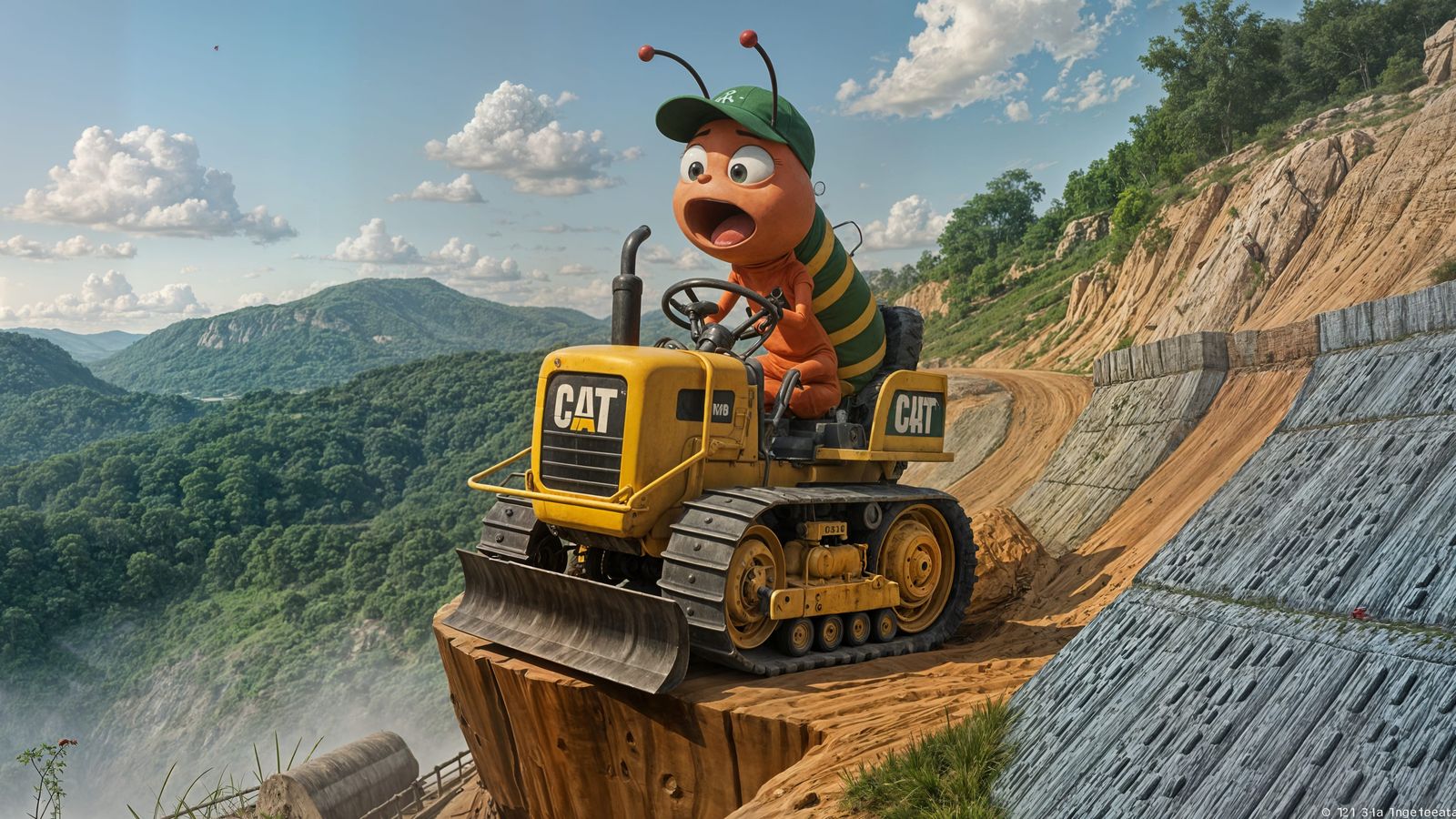 Shocked Caterpillar Drives Tractor Toward Cliff
