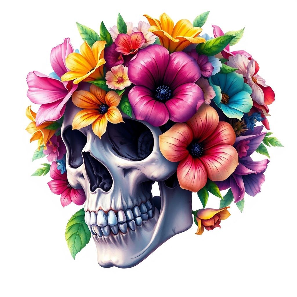 Skull Adorned with Colorful Flowers Digital Painting