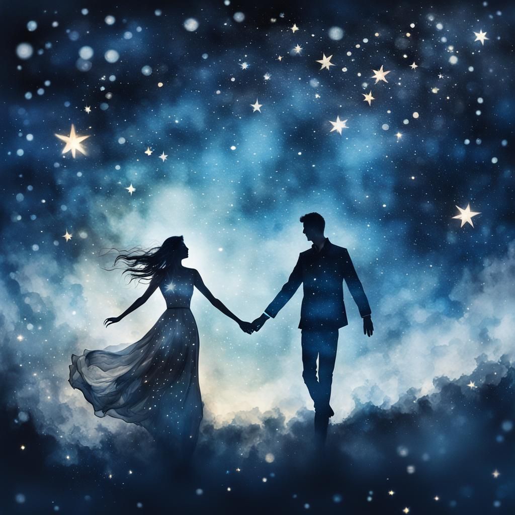 Ethereal Watercolor: Couple in Love Among Stars