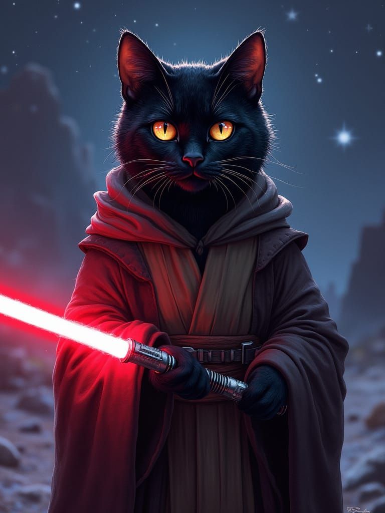 Galactic Feline Jedi with Vibrant Red Lightsaber