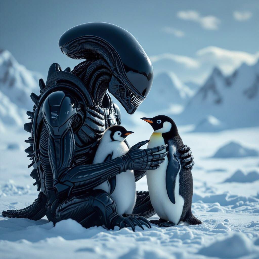 Xenomorph Cradling Penguin: A Biomechanical Surreal Scene