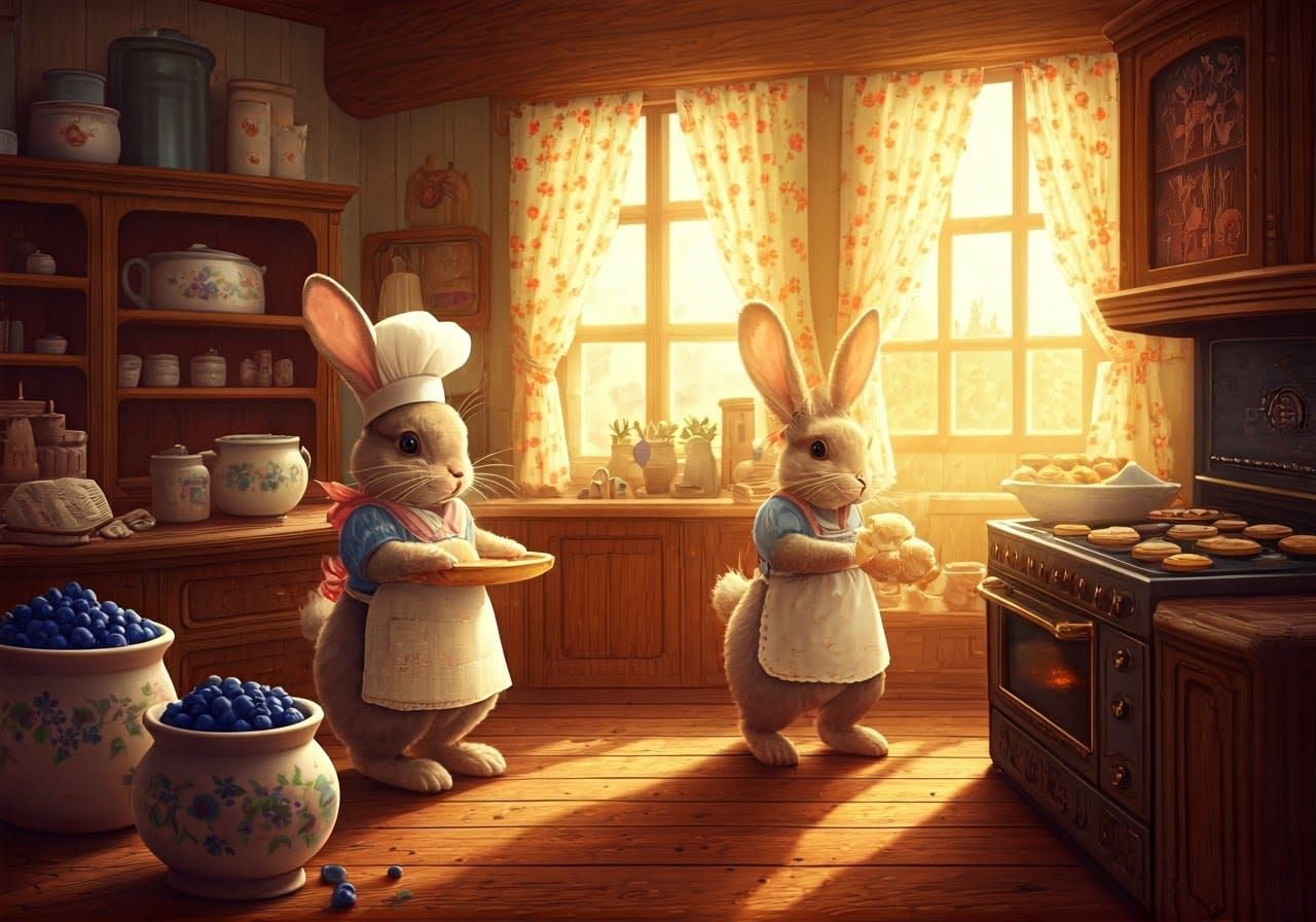 Whimsical Bunnies Bake Blueberry Biscuits in a Cozy Storyboo...
